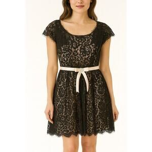 Christina Wu Lace Mini Dress Ribbon Waist Jewel Bow 10 Black Coquette Cocktail